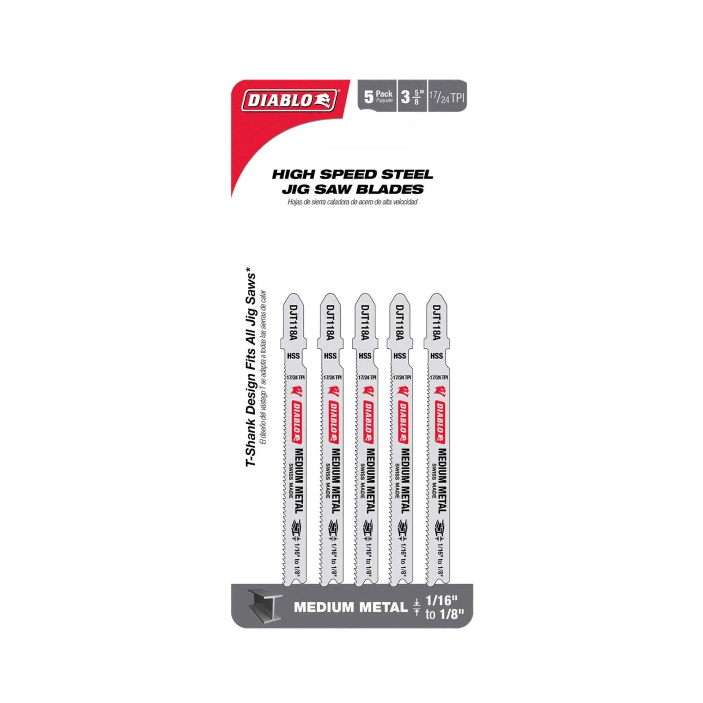 The DIABLO DJT118A5 3-5/8 in. jig saw blades, with a T-shank design and 17/24 TPI, are ideal for medium metal applications. This 5-pack by Diablo is perfect for cutting materials from 1/16 to 1/8 thick.